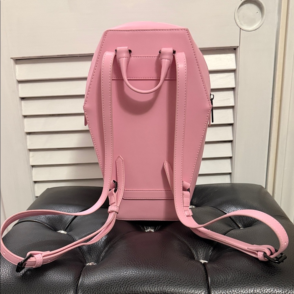 Pink Faux Leather Black Metal Pin Collector Coffin-Shaped Backpack Like New - Picture 4 of 8